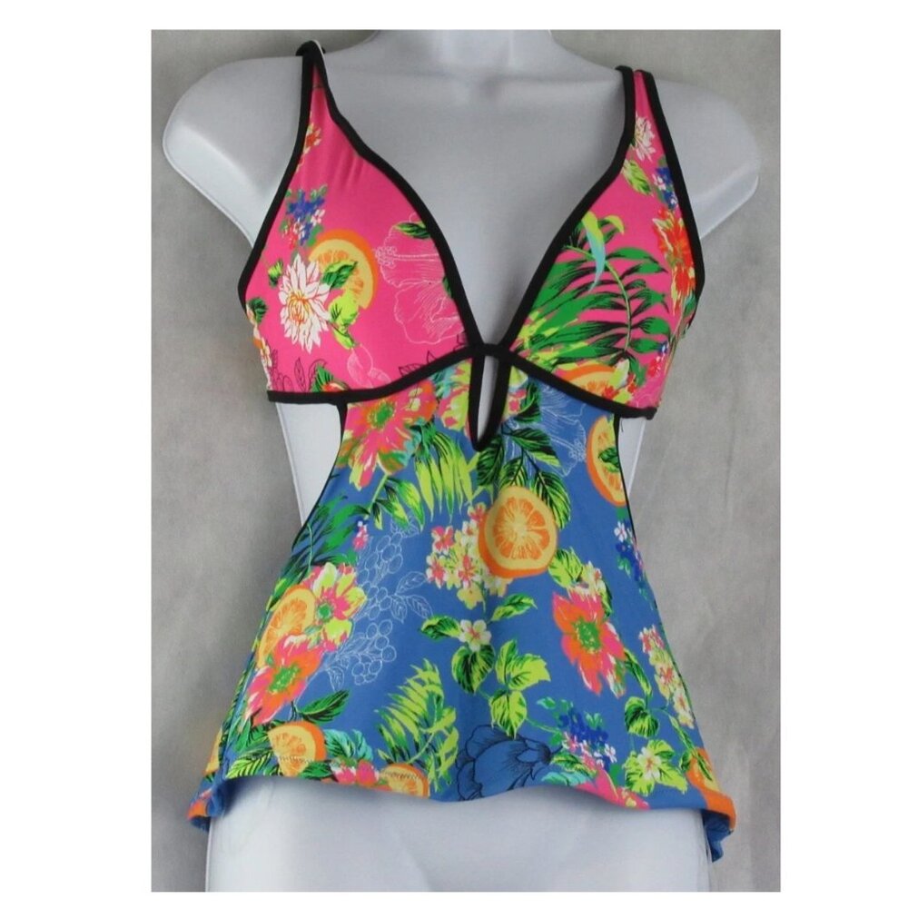 Bar III Women's Plunge V-Neck Tankini Top Swimsuit, Multi Floral Fruit, Small